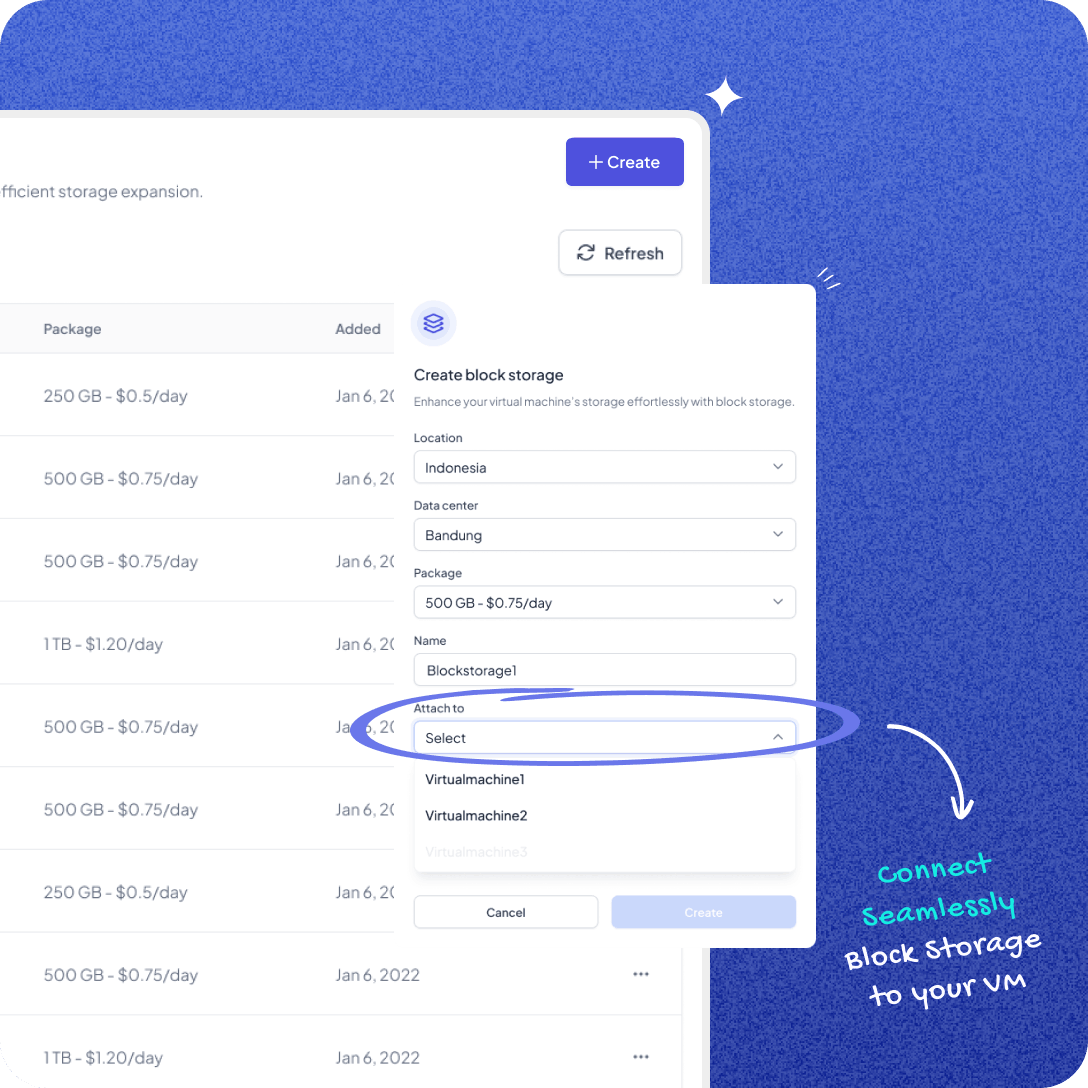 Ifvirty UI Design - Block Storage connect to your Virtual Machine